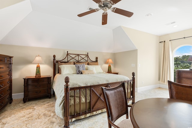 bedroom with ceiling fan and lofted ceiling