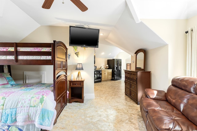 bedroom featuring ceiling fan, vaulted ceiling, and black fridge with ice dispenser