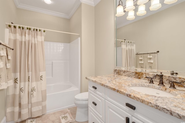 full bathroom with toilet, shower / bath combo with shower curtain, vanity, crown molding, and tile patterned flooring