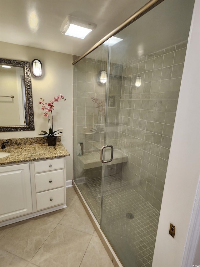 311 69th Ave N Unit 104, Myrtle Beach, SC 29572 - bathroom featuring tile patterned floors, a stall shower, and vanity