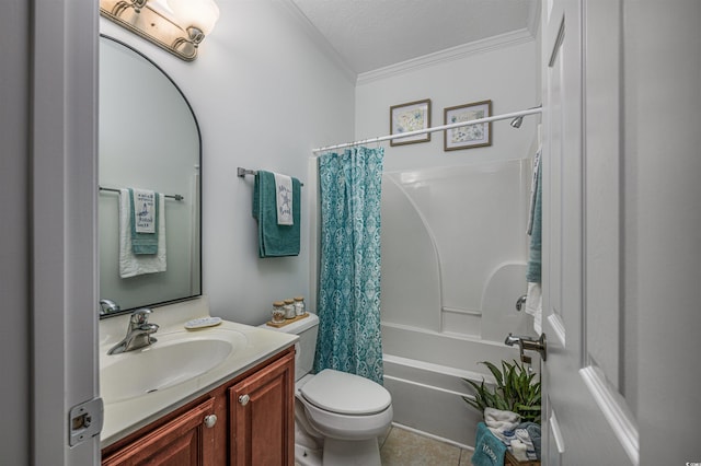 full bathroom featuring a textured ceiling, toilet, shower / bath combo with shower curtain, vanity, and crown molding