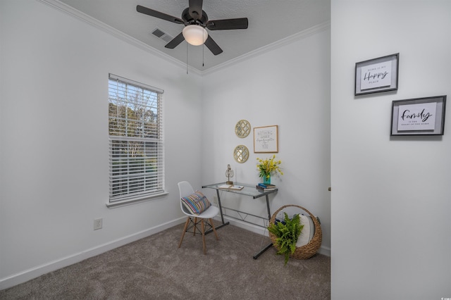 sitting room featuring crown molding, carpet flooring, and ceiling fan