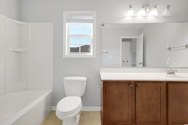 full bathroom featuring toilet, shower / tub combination, vanity, and tile patterned floors