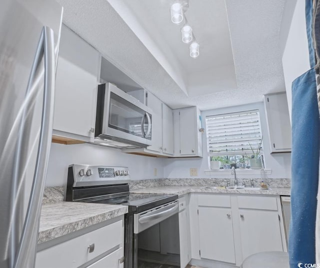 kitchen with a tray ceiling, sink, stainless steel appliances, and white cabinets