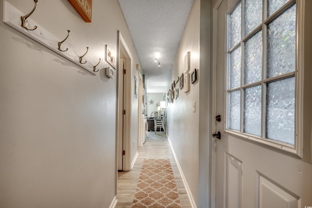 corridor with a textured ceiling, a healthy amount of sunlight, and light wood-type flooring