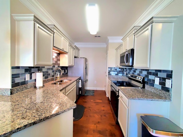 kitchen with backsplash, dark hardwood / wood-style flooring, stone counters, sink, and stainless steel appliances