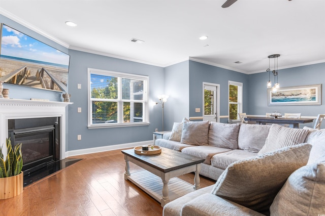 living room with ornamental molding and wood-type flooring