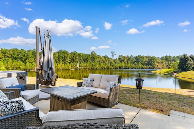 view of patio featuring a water view