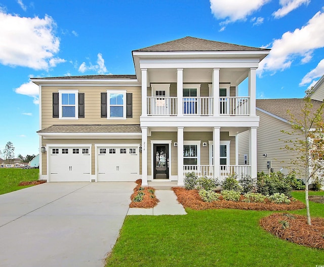 view of front of home featuring a balcony, a garage, a front lawn, and a porch