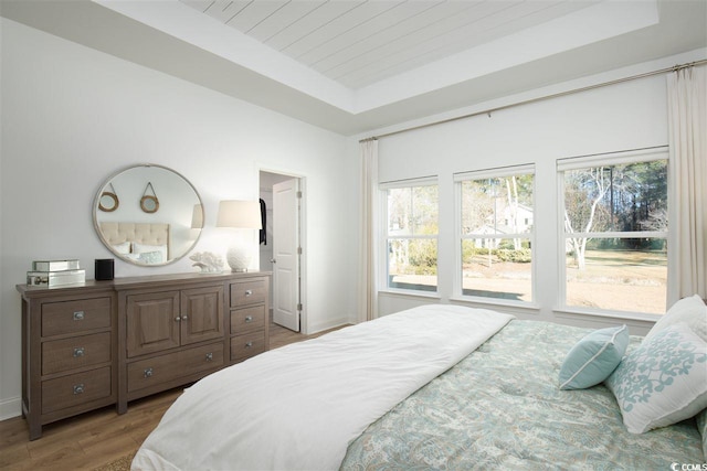 bedroom with wood-type flooring and a tray ceiling