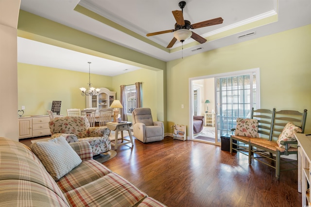 237 Cloverleaf Dr, Longs, SC 29568 - living room with visible vents, a raised ceiling, ceiling fan with notable chandelier, and wood finished floors