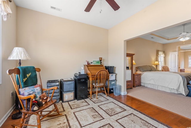 237 Cloverleaf Dr, Longs, SC 29568 - bedroom featuring baseboards, ceiling fan, wood finished floors, and visible vents