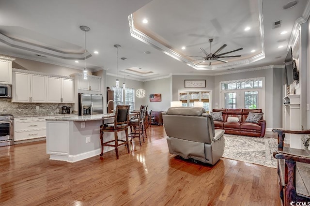 kitchen with a wealth of natural light, a tray ceiling, and stainless steel appliances