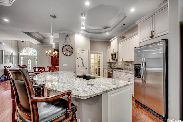 kitchen featuring decorative light fixtures, a large island with sink, a tray ceiling, and stainless steel appliances