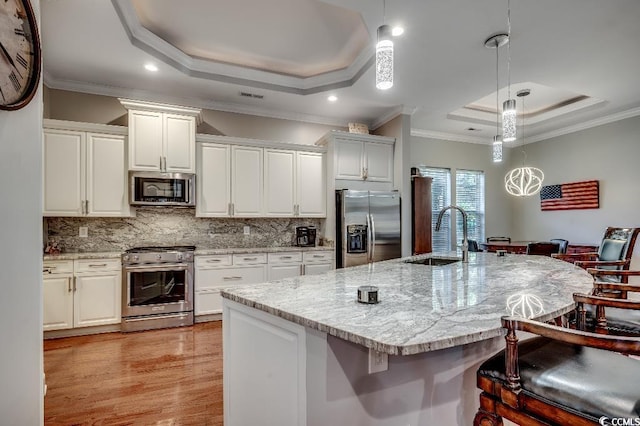 kitchen with a tray ceiling, appliances with stainless steel finishes, a center island with sink, and ornamental molding