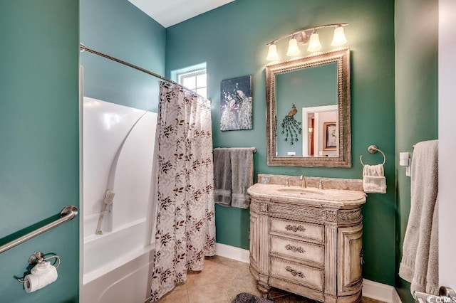 bathroom featuring tile patterned floors, shower / bathtub combination with curtain, and vanity