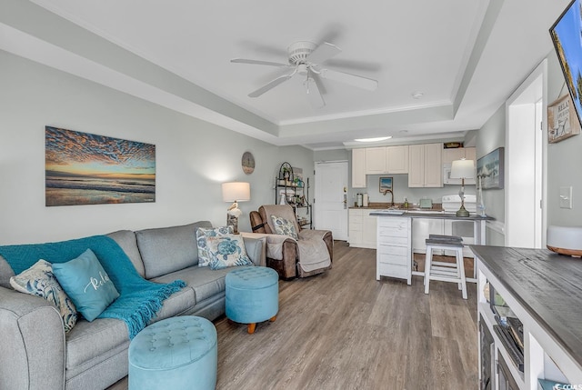 living room with sink, ceiling fan, a tray ceiling, and light wood-type flooring