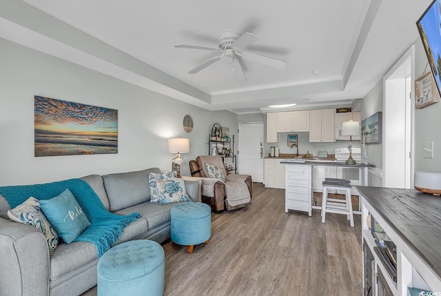 living area with a tray ceiling, wood finished floors, and a ceiling fan