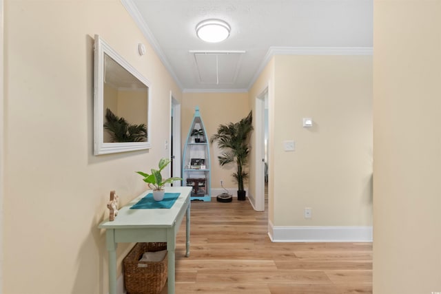 corridor featuring ornamental molding and light hardwood / wood-style floors