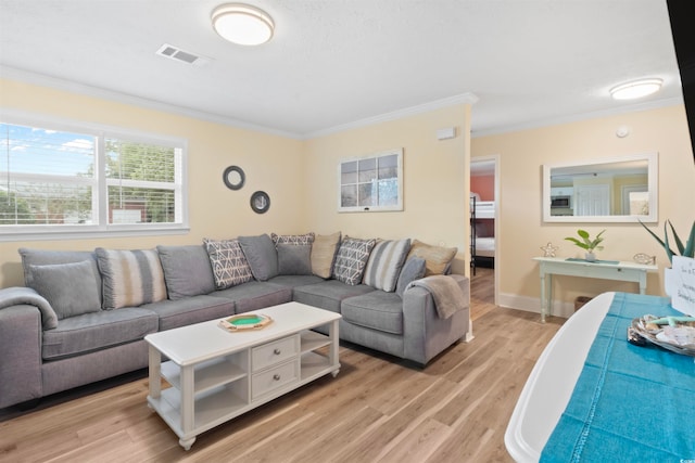 living room featuring light hardwood / wood-style floors and crown molding