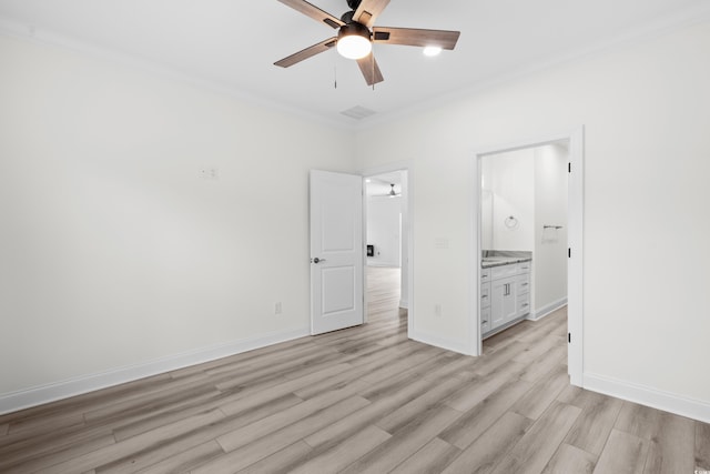 unfurnished bedroom with ornamental molding, ceiling fan, light hardwood / wood-style flooring, and ensuite bath