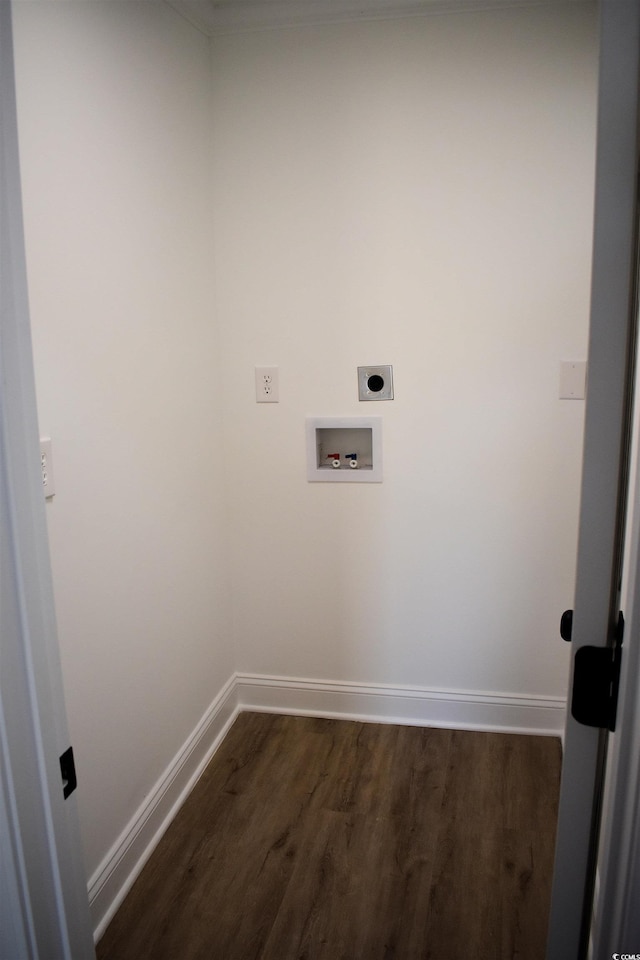 laundry room with baseboards, laundry area, hookup for a washing machine, dark wood-style floors, and hookup for an electric dryer