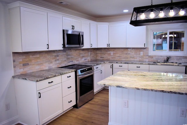 37 Geney Ln, Pawleys Island, SC 29585 - kitchen with wood finished floors, white cabinetry, light stone counters, a sink, and appliances with stainless steel finishes