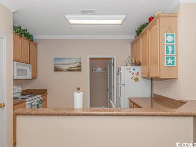 kitchen with white appliances, crown molding, and light brown cabinets