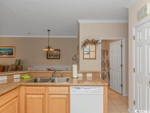 kitchen with dishwasher, light brown cabinets, ornamental molding, sink, and an inviting chandelier