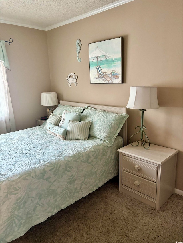 carpeted bedroom featuring a textured ceiling and ornamental molding