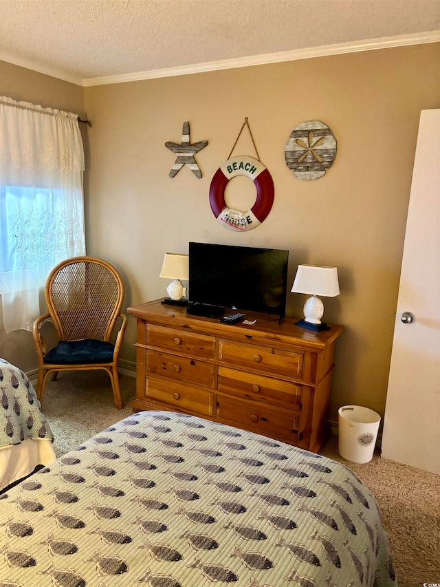 carpeted bedroom featuring a textured ceiling and ornamental molding