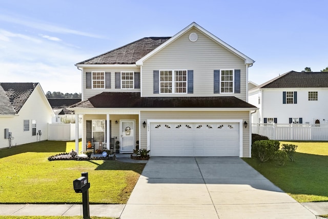 front facade with covered porch, a front yard, and a garage