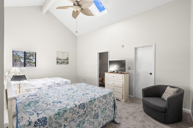 carpeted bedroom featuring a skylight, ceiling fan, beamed ceiling, and high vaulted ceiling