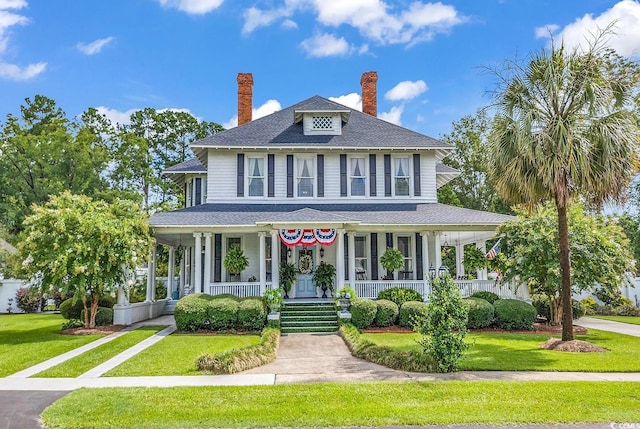 farmhouse inspired home featuring a porch and a front lawn