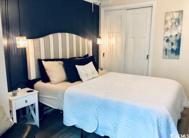 bedroom with dark wood-type flooring and a closet