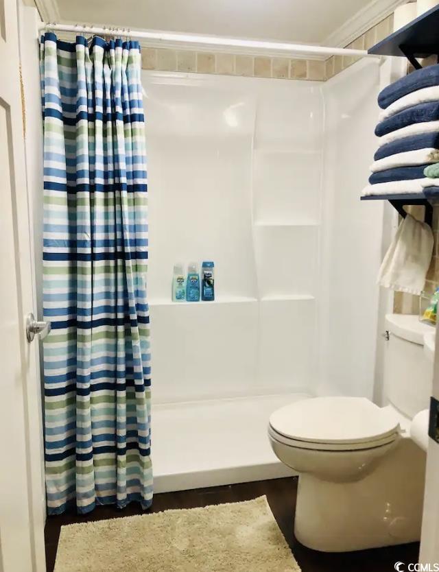 bathroom with toilet and a shower with shower curtain