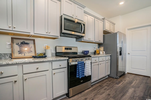 kitchen with gray cabinetry, light stone countertops, dark wood-type flooring, and appliances with stainless steel finishes