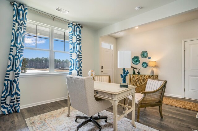 office space with dark hardwood / wood-style floors