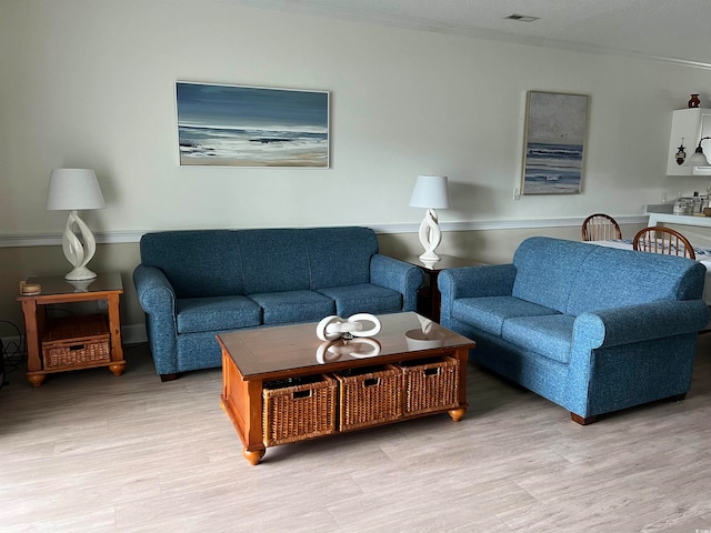 living room featuring light hardwood / wood-style floors and a textured ceiling