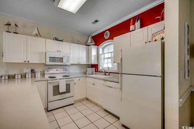 kitchen featuring white cabinetry, sink, crown molding, a textured ceiling, and white appliances