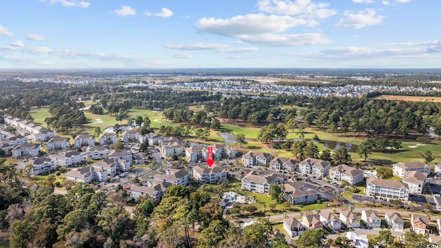 bird's eye view with golf course view and a residential view