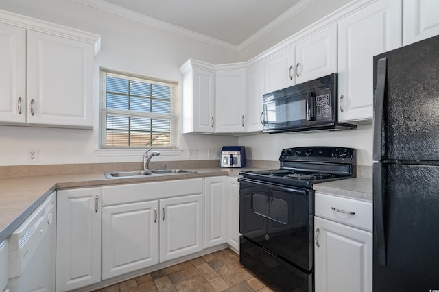 kitchen featuring sink, black appliances, white cabinets, and crown molding