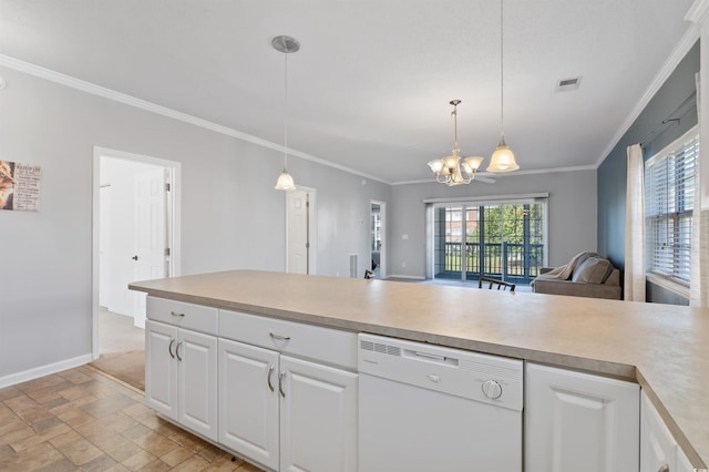 kitchen featuring hanging light fixtures, white dishwasher, ornamental molding, a chandelier, and white cabinetry