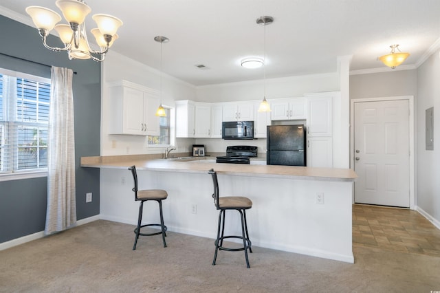 kitchen featuring white cabinetry, black appliances, kitchen peninsula, and light colored carpet