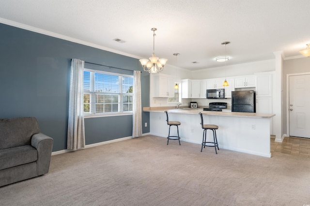 kitchen featuring white cabinetry, light carpet, black appliances, and pendant lighting