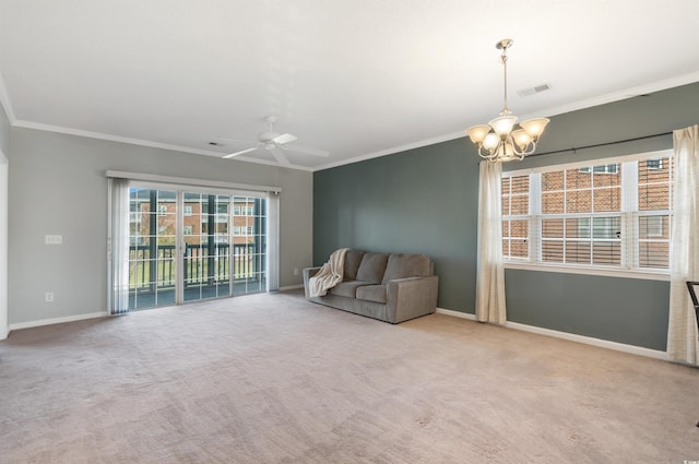 living room featuring crown molding, light carpet, and ceiling fan with notable chandelier