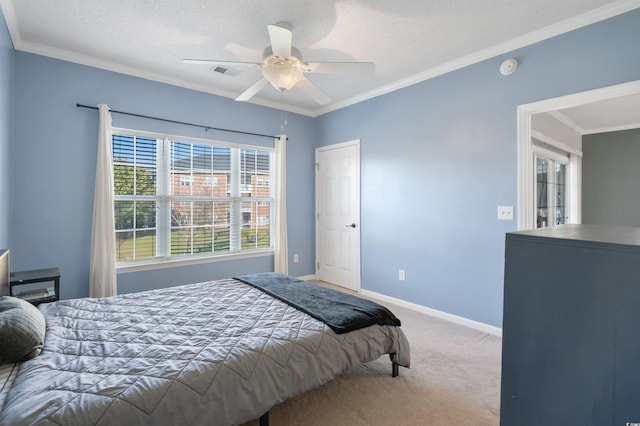 carpeted bedroom featuring ceiling fan, crown molding, and a textured ceiling