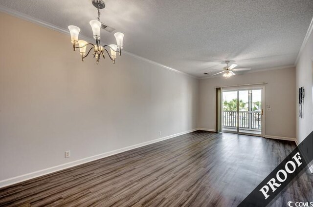 4220 Coquina Harbour Dr Unit B-11, Little River, SC 29566 - unfurnished room featuring a textured ceiling, a ceiling fan, dark wood-style floors, crown molding, and a chandelier