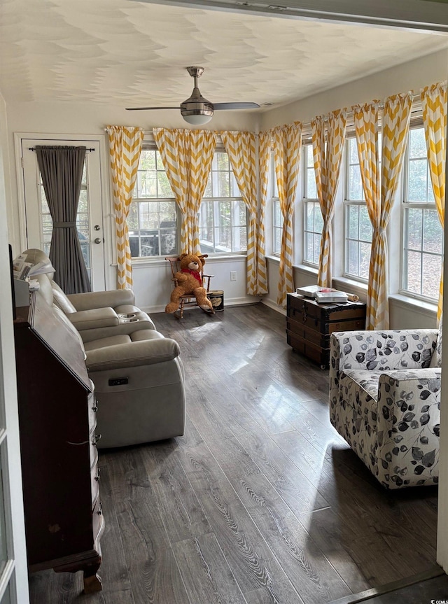 interior space with ceiling fan, plenty of natural light, and hardwood / wood-style flooring