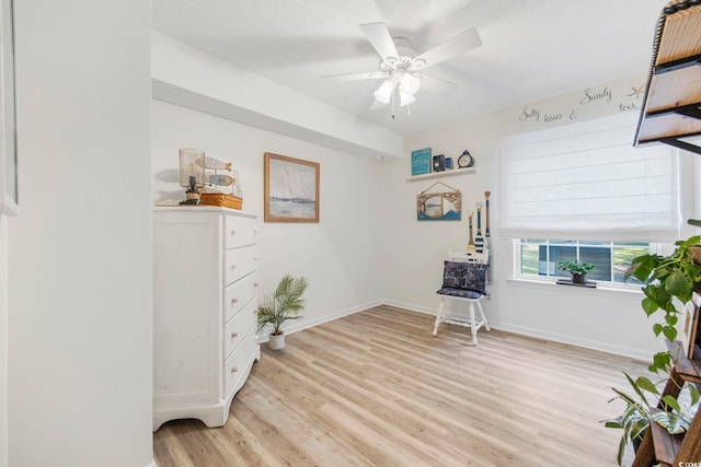 unfurnished room featuring light hardwood / wood-style floors, a textured ceiling, and ceiling fan